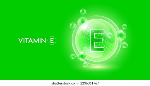 Vitamin E and bubble atom molecule collagen serum chemical formula shield protection skin. Skincare anti age nutrition supplement multivitamin complex. On green background. 3D vector.