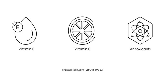 Vitamin E, Vitamin C, and Antioxidants Vector Illustration Icon Set