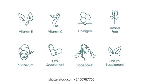 Vitamin E, Vitamin C, Collagen, Irritants Free, Face Serum, Oral Supplement, Face Scrub, Vector Icons Set