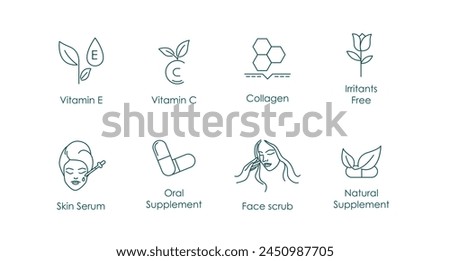 Vitamin E, Vitamin C, Collagen, Irritants Free, Face Serum, Oral Supplement, Face Scrub, Vector Icons Set