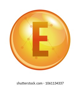 Vitamin E capsule. Vector icon for health. Gold shining pill.