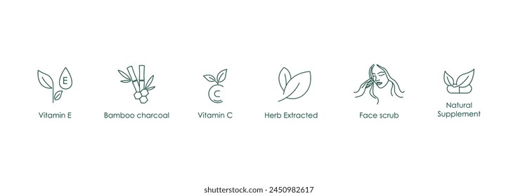 Vitamin E, Charcoal, Vitamin C, Herb Extracted, Face Scrub, Vector Icons Set