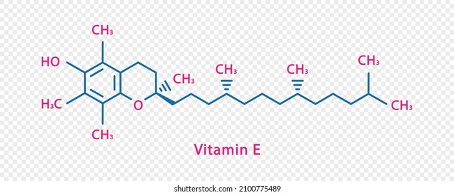Fórmula química de vitamina E. Fórmula química estructural de vitamina E aislada en un fondo transparente.