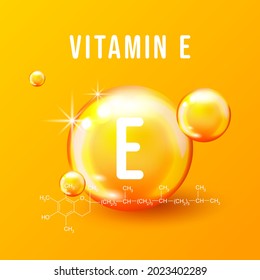 Vitamin E chemical formula vector illustration. Vitamin E icon in flat style. Pill capsule vector illustration on white isolated background. Skincare business concept. Drop oil. Alpha tocopherol