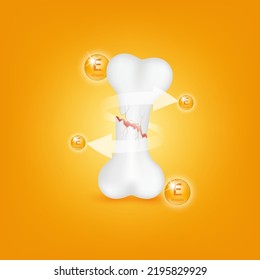 Vitamin E circle ball orange help strengthen bone not to be broken or decay on orange background. Skeleton x ray scan concept. Healthy knee bone.Medical or healthcare. 3D Realistic Vector.