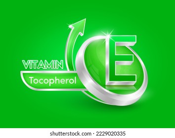 Vitamin E in circle shape green with arrow. Used for designing dietary supplements or beauty products. Medical concepts. Isolated 3d icon. Vector EPS10 illustration.