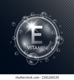 Colágeno de vitamina E en forma de burbujas transparentes con gotas blancas alrededor del agua. Vector 3D aislado. Utilizado para la publicidad de productos cosméticos.