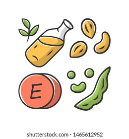 Vitamin E color icon. Peanuts, peas and beans. Seed oil. Healthy diet. Minerals, antioxidants. Tocopherol natural food source. Dairy products. Proper nutrition. Isolated vector illustration