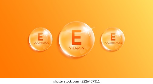 Vitamin E complex droplet, chemical formula from nature. Minerals water orange. Beauty treatment nutrition skincare design. Medical scientific concepts. Realistic 3D Vector.