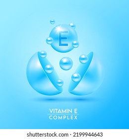 Vitamin E complex and Minerals float out of the capsule isolated on blue background. Dietary supplement for pharmacy advertisement, package design. Vector EPS10.