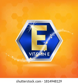Vitamin E concept label in golden letters in hexagon blue frame. For designing for products. Vector EPS10