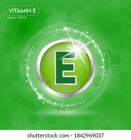 Vitamin E concept label in green letters in silver frame. For designing for products. Vector EPS10