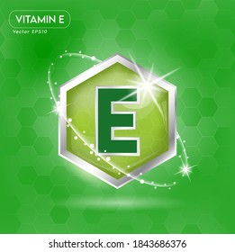 Vitamin E concept label in Silver frame hexagon on green background. For designing for products. Vector EPS10