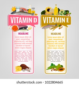 Vitamin E and Vitamin D banners with place for text. Vertical vector illustrations with caption lettering and top foods highest in vitamins isolated on a light grey background. Useful design element.