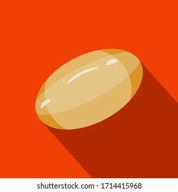 Vitamina E, D, Píldora de gel, aceite de pescado con sombra. Icono de material vectorial de caricatura en forma plana de cápsula de aceite, burbuja ovalada dorada aislada en fondo naranja con sombra naranja oscura.