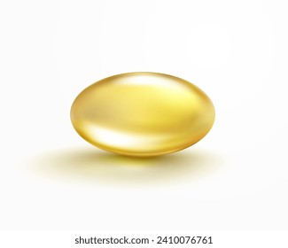 Vitamin E, D or omega 3 fish oil capsule isolated on white background. Golden 3d antibiotic gel pill icon. Vector gold realistic serum oval sphere of collagen essence
