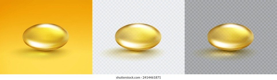 Vitamin E, D or omega 3 fish oil capsule isolated on yellow and transparent backgrounds. Golden 3d antibiotic gel pill icon. Vector gold realistic serum oval sphere of collagen essence