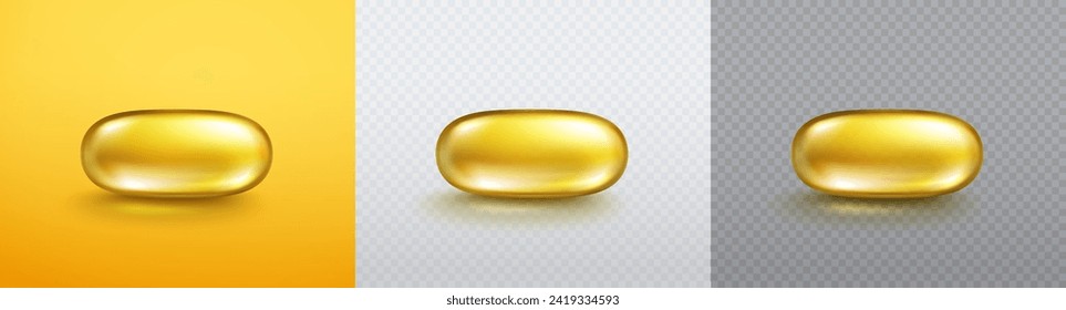 Vitamin E, D or omega 3 fish oil capsule isolated on yellow and transparent backgrounds. Golden 3d antibiotic gel pill icon. Vector gold realistic serum oval sphere of collagen essence