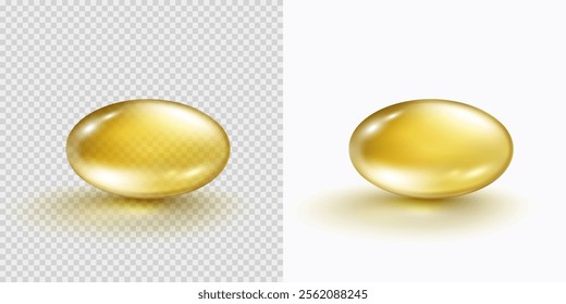 Vitamin E, D or omega 3 fish oil capsule isolated on transparent background. Golden 3d antibiotic gel pill. Vector gold realistic serum oval sphere of collagen essence