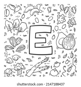 Vitamin E doodles. Hand drawn illustration of different food rich of vitamin E. Set of food with Vitamin E. Broccoli, spinach, sunflower seeds, hazelnut, almond, asparagus, avocado, wheat germ. Vector