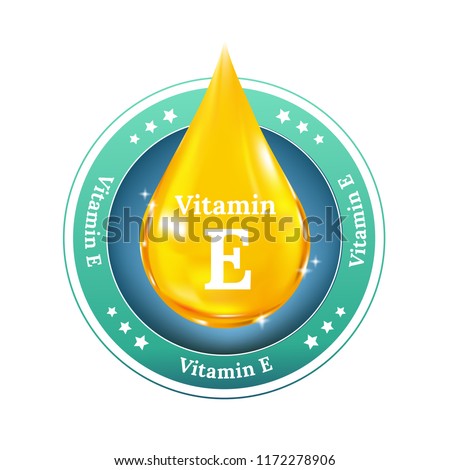 Vitamin E Drop label. Realistic Vector for beauty concept. Button, sign, icon or badge.