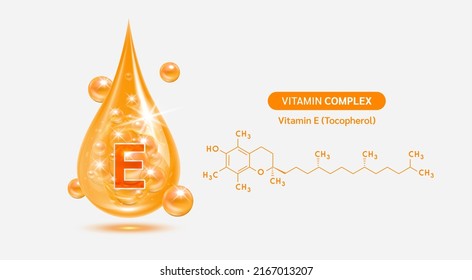 Vitamin E drop and structure isolated on white background. Vitamin solution complex orange balls with bubbles. Beauty treatment nutrition skin care design. Medical scientific concepts. 3D vector.