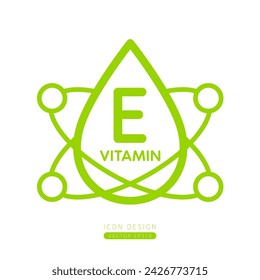 Vitamin E dropper icon green with surrounding molecules form simple line. Isolated on a white background. Medical symbol concept. Design for use on web app mobile and print media. Vector.