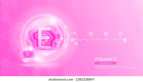 Vitamin E essential supplement to the health body. Pink vitamins complex and chemical formula structure. Minerals collagen serum. Beauty nutrition skin care design or cosmetic. 3D vector.