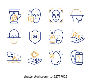 Vitamin e, Face cream and Mint leaves icons simple set. Skin care, Face detection and 24 hours signs. Skin moisture, Sun protection symbols. Oil drop, Gel. Medical set. Line vitamin e icon. Vector