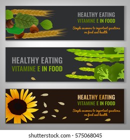 Vitamin E in food. Beautiful vector illustration with different vegetabes, nuts and seeds. Landscape banners set in dark grey, brown and green colours.  