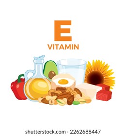 Vitamin E in food icon vector. Vitamin E food sources vector illustration isolated on a white background. Sunflower oil, nuts, milk, egg, butter, tuna meat vector. Pile of healthy fresh food drawing