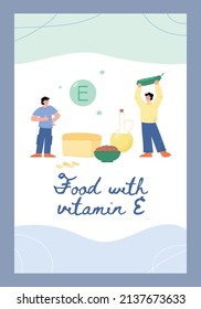 Vitamin E food sources banner or card template with cartoon characters and products for healthy dieting, flat vector cartoon illustration. Balanced diet banner.