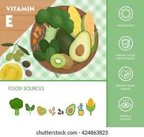 Vitamin E food sources and health benefits, vegetables and fruit composition on a chopping board and icons set