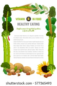 Vitamin E food sources. Healthy eating graphic concept with vector illustrations and copyspace. Useful for health magazines, culinary web sites and restaurant menus. Diet and organic template.