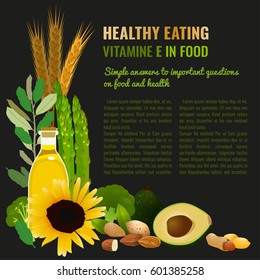 Vitamin E food sources. Healthy eating graphic concept with vector illustrations and copyspace. Useful for health magazines, culinary web sites and restaurant menus. Diet and organic template.