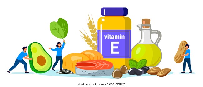 Vitamin E Foods containing tocopherol: sunflower seeds, sunflower oil, herbs, olives, fish, peanut, hazelnut, wheat, potatoes Healthy sources of vitamin E Healthy diet food Tiny people