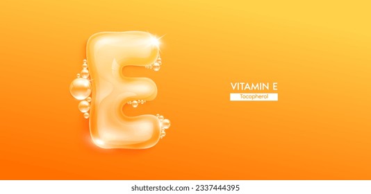 Vitamin E in form water character letter bubble collagen serum. Font type uppercase orange. Solution vitamins complex skin care for cosmetics ads design. Medical concepts beauty nutrition. 3D Vector.