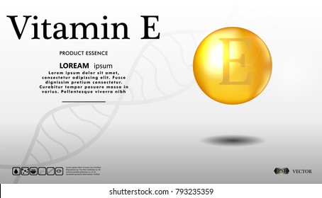 Vitamin E glitter gold icon on a white background. 3d illustration of Vitamin drop pill capsule. Shining golden essence droplet. Vector illustration.