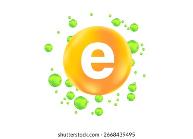 Vitamin E glowing 3D green icon, fluid flowing bubble fizz, liquid droplet, design element isolated, transparent background. Fresh nutrition supplement product vector illustration.