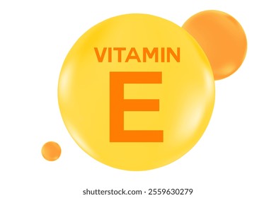 Vitamin E glowing 3D icon, molecule element or bubble isolated, transparent background. Fluid orange, yellow color flowing bubbles, supplement skin products banner, presentation, infographic design