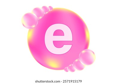 Vitamin E glowing 3D icon, molecule element or bubble isolated, transparent background. Fluid light pink flowing soft gel capsule, supplement skin products banner, presentation, infographic design