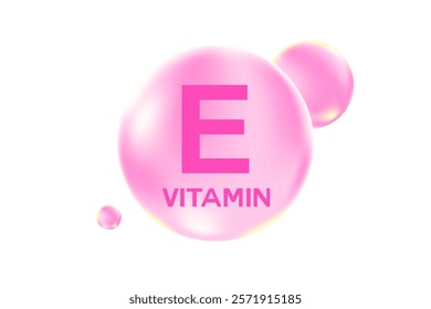 Vitamin E glowing 3D icon, molecule element or bubble isolated, transparent background. Fluid light pink flowing soft gel capsule, supplement skin products banner, presentation, infographic design