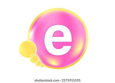 Vitamin E glowing 3D icon, molecule element or bubble isolated, transparent background. Fluid light pink flowing soft gel capsule, supplement skin products banner, presentation, infographic design