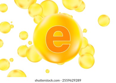 Vitamin E glowing 3D molecule element or bubble isolated, transparent background. Rich fluid orange, yellow color flowing bubbles, supplement skin products banner, presentation, infographic design