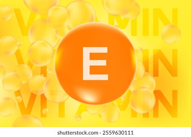 Vitamin E glowing 3D molecule element or bubble, yellow watercolor background. Rich fluid orange color flowing bubbles, supplement products banner, presentation, infographic design