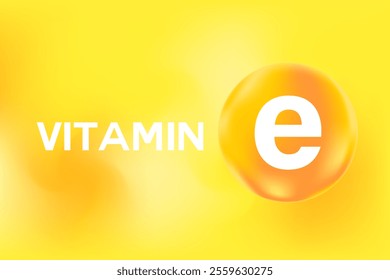 Vitamin E glowing 3D molecule element or bubble, yellow watercolor background. Rich fluid orange color flowing bubbles, supplement products banner, presentation, infographic design