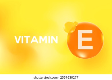 Vitamin E glowing 3D molecule element or bubble, yellow watercolor background. Rich fluid orange color flowing bubbles, supplement products banner, presentation, infographic design