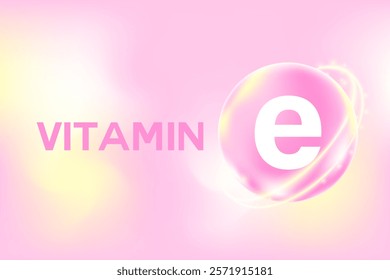 Vitamin E glowing 3D molecule element or bubble, pink, yellow watercolor texture background with copy space. Fluid light pink soft gel, supplement product banner, presentation, infographic design