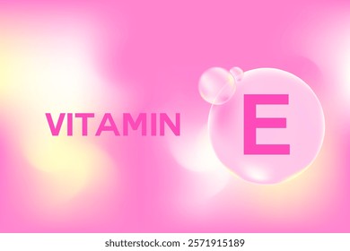 Vitamin E glowing 3D molecule element or bubble, pink, yellow watercolor texture background with copy space. Fluid light pink soft gel, supplement product banner, presentation, infographic design