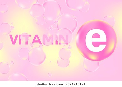 Vitamin E glowing 3D molecule element or bubble, pink, yellow watercolor texture background with copy space. Fluid light pink soft gel, supplement product banner, presentation, infographic design